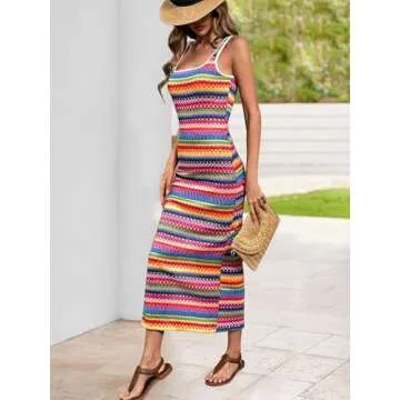 PRETTYGARDEN Tank Dress for Women 2025 Summer Casual Striped Maxi Dresses Fitted Square Neck Beach V...