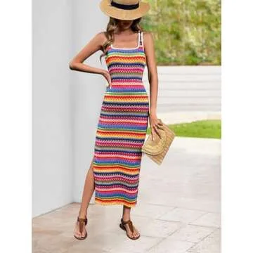 PRETTYGARDEN Tank Dress for Women 2025 Summer Casual Striped Maxi Dresses Fitted Square Neck Beach Vacation Bohemian Sundress (Red,L)