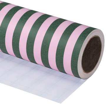 WRAPAHOLIC Kraft Wrapping Paper - Mini Roll - 17 Inch x 33 Feet - Green and Pink Stripes Design for Christmas, Birthday, Wedding, Baby Shower