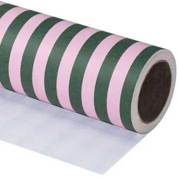 WRAPAHOLIC Kraft Wrapping Paper - Mini Roll - 17 Inch x 33 Feet - Green and Pink Stripes Design for Christmas, Birthday, Wedding, Baby Shower