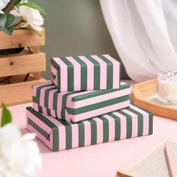 WRAPAHOLIC Kraft Wrapping Paper - Mini Roll - 17 Inch x 33 Feet - Green and Pink Stripes Design for Christmas, Birthday, Wedding, Baby Shower
