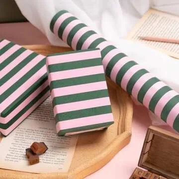 WRAPAHOLIC Kraft Wrapping Paper - Mini Roll - 17 Inch x 33 Feet - Green and Pink Stripes Design for Christmas, Birthday, Wedding, Baby Shower