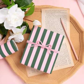 WRAPAHOLIC Kraft Wrapping Paper - Mini Roll - 17 Inch x 33 Feet - Green and Pink Stripes Design for Christmas, Birthday, Wedding, Baby Shower