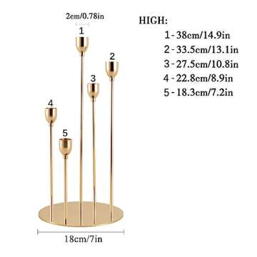 VINCIGANT Gold Taper Candle Holders,Metal 5 Arms Candelabra Candlestick Holders for Wedding Centerpieces,Home Decor Dinner Table Centerpieces Decoration,Thanksgiving Gift（Candle Excluded）
