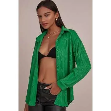 CHYRII Women's Textured Button Down Long Sleeve Shirts Casual Work Office Blouse Top Green XL