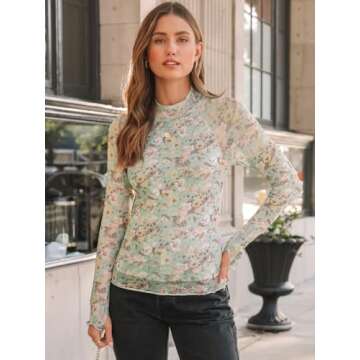 Dealmore Lace Long Sleeve Floral Mesh Mockneck Tops - Fashion for Fall 2024