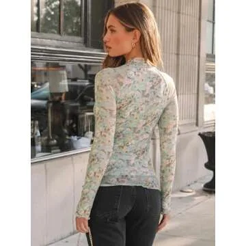 Dealmore Floral Mesh Mockneck Tops - Trendy Women's Fashion