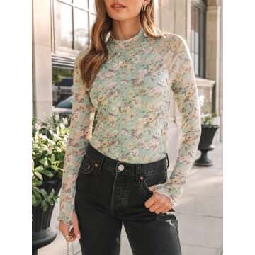 Dealmore Floral Mesh Mockneck Tops - Trendy Women's Fashion