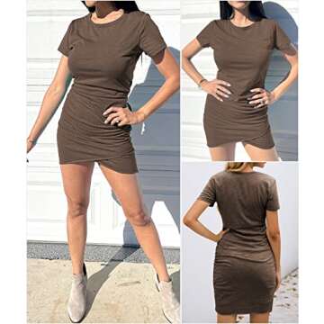 BTFBM Women's 2025 Summer Casual Beach Dresses Crew Neck Short Sleeve Wrap Party Club Mini Ruched Bodycon T Shirt Dress(Khaki, Small)