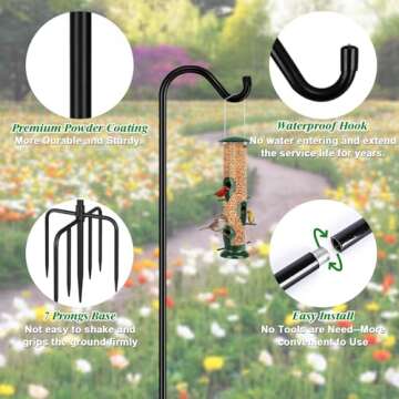 FEED GARDEN [Upgrade Version Adjustable Shepherds Hook Bird Feeder Pole with 7 Prongs Base, 76 Inch ...