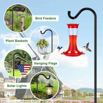 FEED GARDEN [Upgrade Version Adjustable Shepherds Hook Bird Feeder Pole with 7 Prongs Base, 76 Inch Tall Heavy Duty Outdoor Garden Poles for Hanging Bird Feeders, Plant Baskets, Black (1 Pack)
