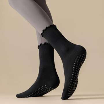 Ceoon 3 Pairs Pilates Socks with Grips Non-slip Ruffle Yoga Socks Grip Socks for Women (Polycotton, Socks set 2)