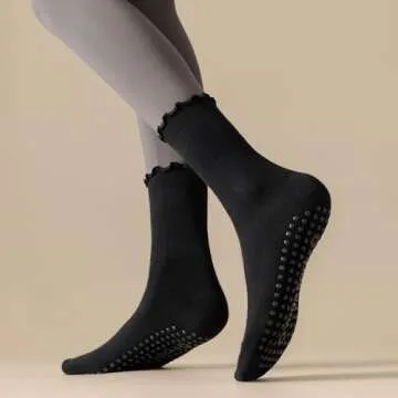 Ceoon 3 Pairs Pilates Socks with Grips Non-slip Ruffle Yoga Socks Grip Socks for Women (Polycotton, Socks set 2)