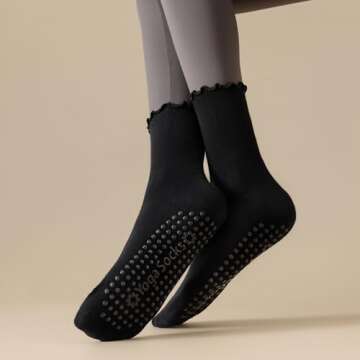 Ceoon 3 Pairs Pilates Socks with Grips Non-slip Ruffle Yoga Socks Grip Socks for Women (Polycotton, Socks set 2)