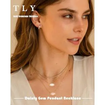 TLY Gold Necklace for Women 14k Gold Plated Non Tarnish Dainty Gemstone Crystal Oval Pendant Necklace Rose Quartz Druzy Stone Choker Necklace Birthday Wedding Everday Jewelry for Women