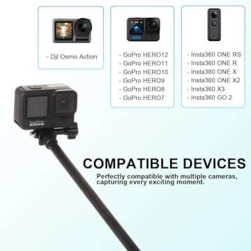26cm exteded to1.2m (3.9ft) Long Invisible Carbon Fiber Selfie Stick for insta360 x4 Insta 360 x4 x3 x2 x gopro Hero 13 12 11 10 9 8 7 6 5 DJI OSMO Sport Camera Accessories (Black)