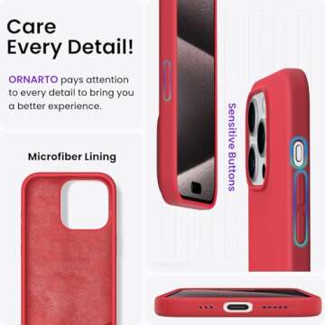 ORNARTO Compatible with iPhone 15 Pro Case 6.1", Liquid Silicone 3 Layers Full Covered Soft Gel Rubber Cover, Shockproof Protective Slim Phone Case with Anti-Scratch Microfiber Lining-Red