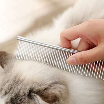Stainless Steel Pet Grooming Comb - Rounded Teeth, Static-free, Corrosion Resistant, Dematting and Flea Removal for Dogs and Cats - 7.4in