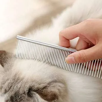 Stainless Steel Pet Grooming Comb - Rounded Teeth, Static-free, Corrosion Resistant, Dematting and Flea Removal for Dogs and Cats - 7.4in