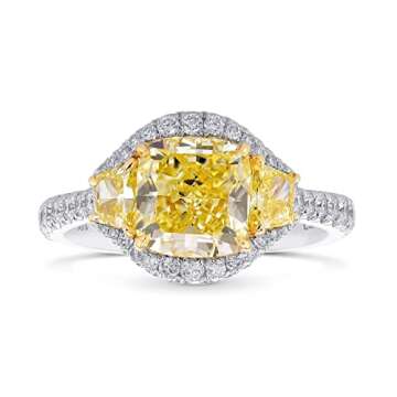 Leibish & co 3.02Cts Yellow Diamond 3 Stone Ring Set in Platinum & 18K Yellow Gold GIA Cert Anniversary Wedding Gift For Her Birthday Real Loose Stone Natural Engagement