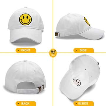 SONMONY Smiley Face Trucker Hat Washed Dad Hat for Men Women Cute Baseball Caps Unstructured Smile Embroidered Hat White