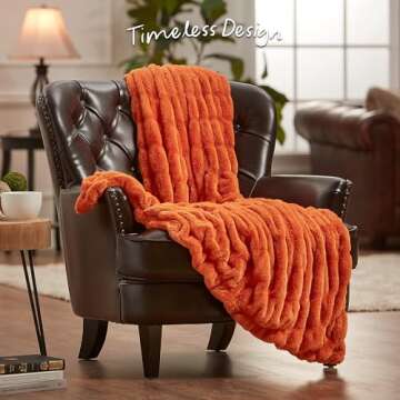 Chanasya Premium Ruched Faux Fur Throw Blanket - Luxurious, Soft Reversible Mink Blanket - 50" x 65” - Orange
