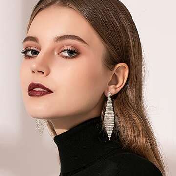 Silver Tassel Clip On Earrings for Women, Rhinestone Chandelier Earrings Boho Tassel Earrings for Wedding Bridal Party