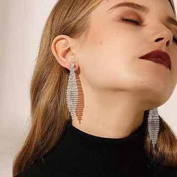 Silver Tassel Clip On Earrings for Women, Rhinestone Chandelier Earrings Boho Tassel Earrings for Wedding Bridal Party