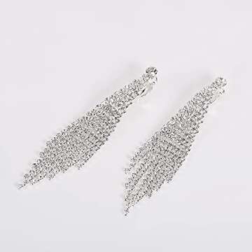 Silver Tassel Clip On Earrings for Women, Rhinestone Chandelier Earrings Boho Tassel Earrings for Wedding Bridal Party