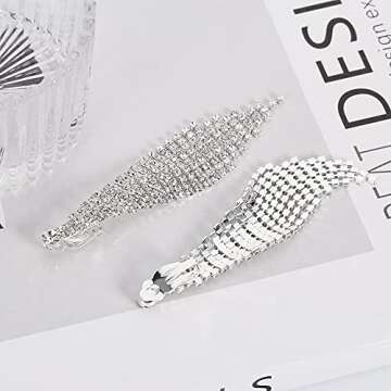Silver Tassel Clip On Earrings for Women, Rhinestone Chandelier Earrings Boho Tassel Earrings for Wedding Bridal Party