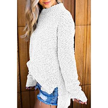 Imily Bela Womens Fuzzy Knitted Sweater Sherpa Fleece Side Slit Full Sleeve Jumper Outwears White