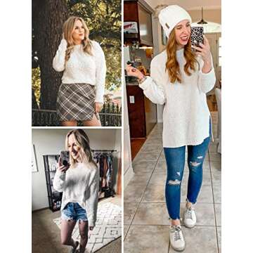 Imily Bela Womens Fuzzy Knitted Sweater Sherpa Fleece Side Slit Full Sleeve Jumper Outwears White