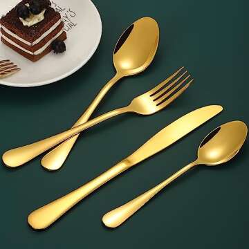 Gold Silverware Set for 12, Compralo 60 Pieces Stainless Steel Shiny Gold Flatware Set, Gold Cutlery Tableware Set Include Spoons, Forks, Knives for Home and Restaurant