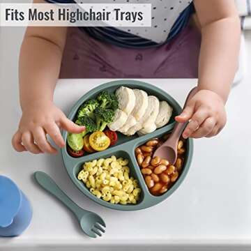 VITEVER 3 Pack Suction Plates with Lids and Utensils for Babies & Toddlers, 100% Food-Grade Silicone, Divided Design, Microwave & Dishwasher Safe