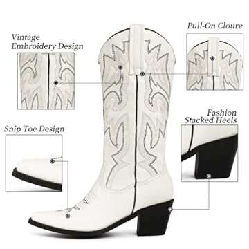heelchic Womens Embroidered Cowboy Cowgirl Boots Snip Toe Chunky Heel Western Boots Pull On Mid Calf Boots