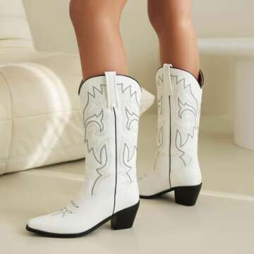 heelchic Womens Embroidered Cowboy Cowgirl Boots Snip Toe Chunky Heel Western Boots Pull On Mid Calf Boots