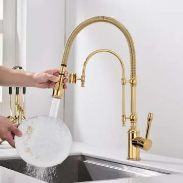 GICASA Copper Kitchen Faucet, Single Handle, 360 Swivel High Arc Kitchen Sink Faucet, Gold Pull Down Kitchen Faucet Solid Brass Handle