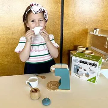 Montessori Mama Kids Barista Play Kitchen Accessories Coffee Maker Toy | Wooden Toys Play Coffee Maker Set for Kids | Childrens Coffee Toy for 3 Year Old +