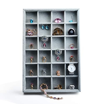 Oirlv 24 Grid Ice Velvet Jewelry Drawer Organizer Tray Stackable Jewelry Trays Removable Dividers for Rings Earring Storage Display