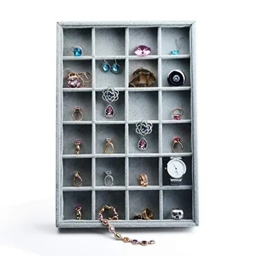 Oirlv 24 Grid Ice Velvet Jewelry Drawer Organizer Tray Stackable Jewelry Trays Removable Dividers for Rings Earring Storage Display