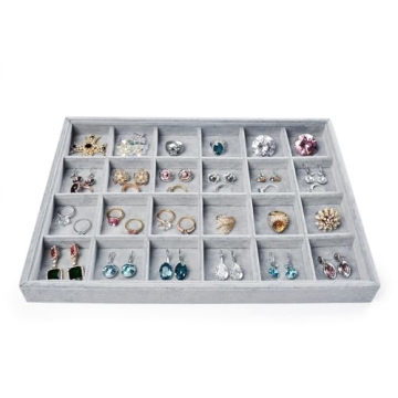 Oirlv 24 Grid Ice Velvet Jewelry Drawer Organizer Tray Stackable Jewelry Trays Removable Dividers for Rings Earring Storage Display