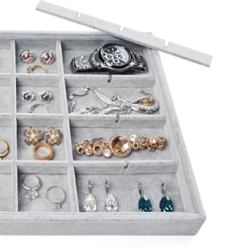 Oirlv 24 Grid Ice Velvet Jewelry Drawer Organizer Tray Stackable Jewelry Trays Removable Dividers for Rings Earring Storage Display