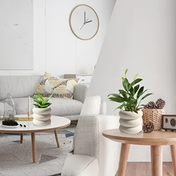 SANDYBAYTAS Ceramic Plant Pot Indoor, 4.5 Inch Beige Unglazed Flower Pot with Drainage Hole, Small Bubble Design Ceramic Planter for Home & Office Decor