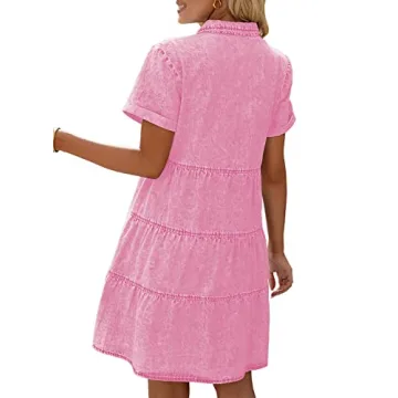 luvamia Women's Casual Summer Babydoll Dress Christmas Dresses for Women Short Sleeve Button Down Denim Short Shirt Dress Valentines Day Dresses for Women Women Dress Aurora Pink Size Medium