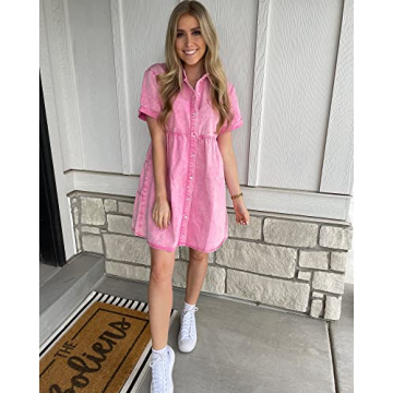 luvamia Women's Casual Summer Babydoll Dress Christmas Dresses for Women Short Sleeve Button Down Denim Short Shirt Dress Valentines Day Dresses for Women Women Dress Aurora Pink Size Medium