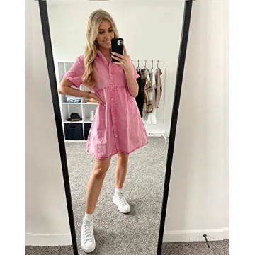 luvamia Women's Casual Summer Babydoll Dress Christmas Dresses for Women Short Sleeve Button Down Denim Short Shirt Dress Valentines Day Dresses for Women Women Dress Aurora Pink Size Medium