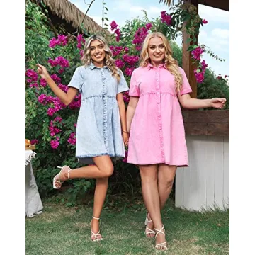 luvamia Women's Casual Summer Babydoll Dress Christmas Dresses for Women Short Sleeve Button Down Denim Short Shirt Dress Valentines Day Dresses for Women Women Dress Aurora Pink Size Medium