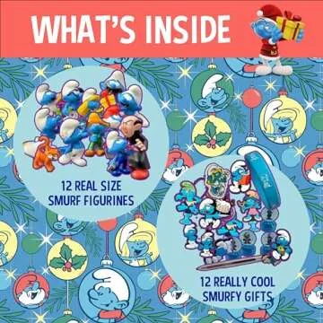 The original SMURFS countdown Calendar 2024 Collectible Cartoon Toys for Boys and Girls, 12 Figurines + 12 SMURFY gifts! Ages 3+. 24 Pieces