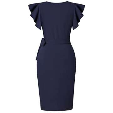 oten Women V Neck Ruched Wrap Dress Knee Length Work Business Sheath Party Dresses with Ruffle Sleeves Navy Blue Large