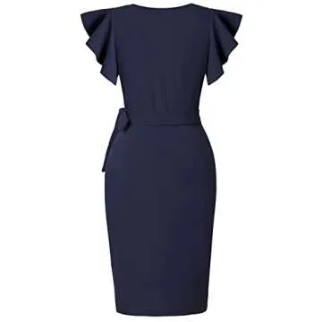 oten Women V Neck Ruched Wrap Dress Knee Length Work Business Sheath Party Dresses with Ruffle Sleeves Navy Blue Large